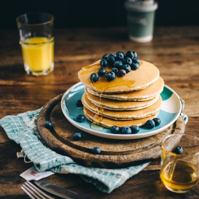 Protein Pancakes with Blueberries and Maple Syrup